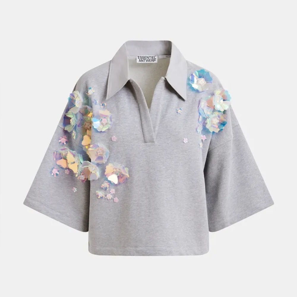 Essentiel Antwerp Grey polo top W/ sequin bead embellishments Harival Sweatshirt